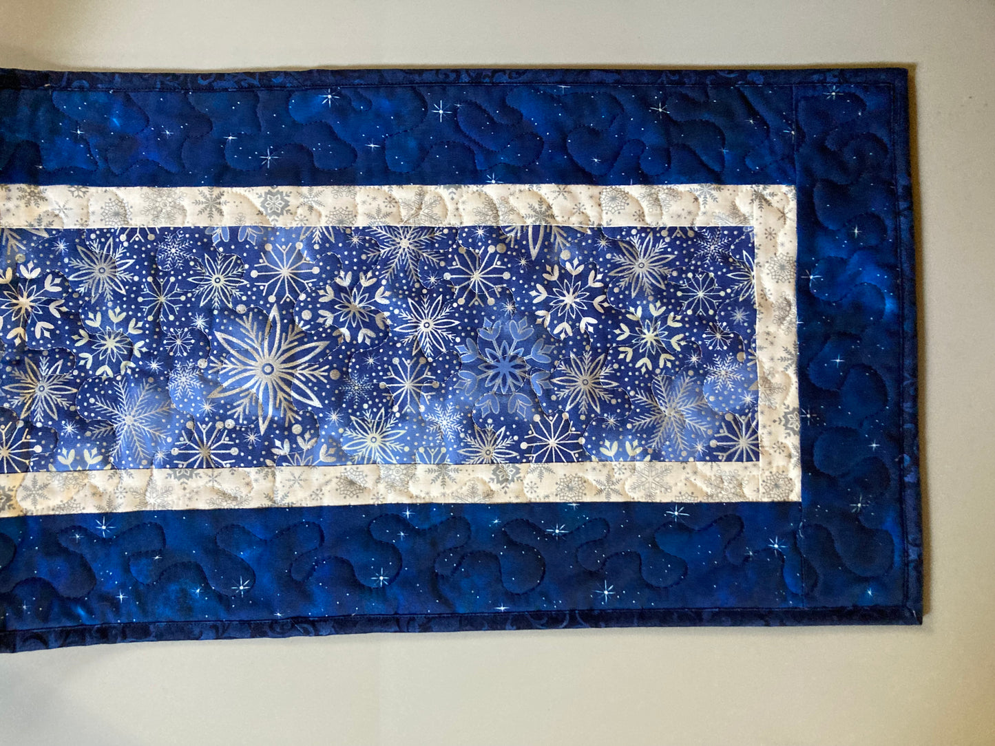 Blue Silver Snowflakes Winter Table Runner Quilted 13x48", Hanukkah Reversible Dining Coffee Table, Holiday Dresser Scarf Square