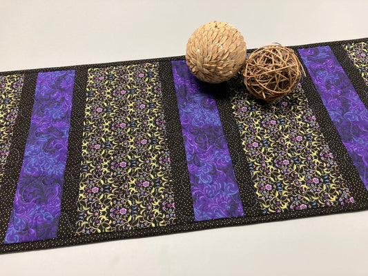 Quilted Table Runner, Purple Blue Gold Elegant Filigree, 13x52" Reversible Handmade Dining Coffee Table Centerpiece Everyday Summer Decor