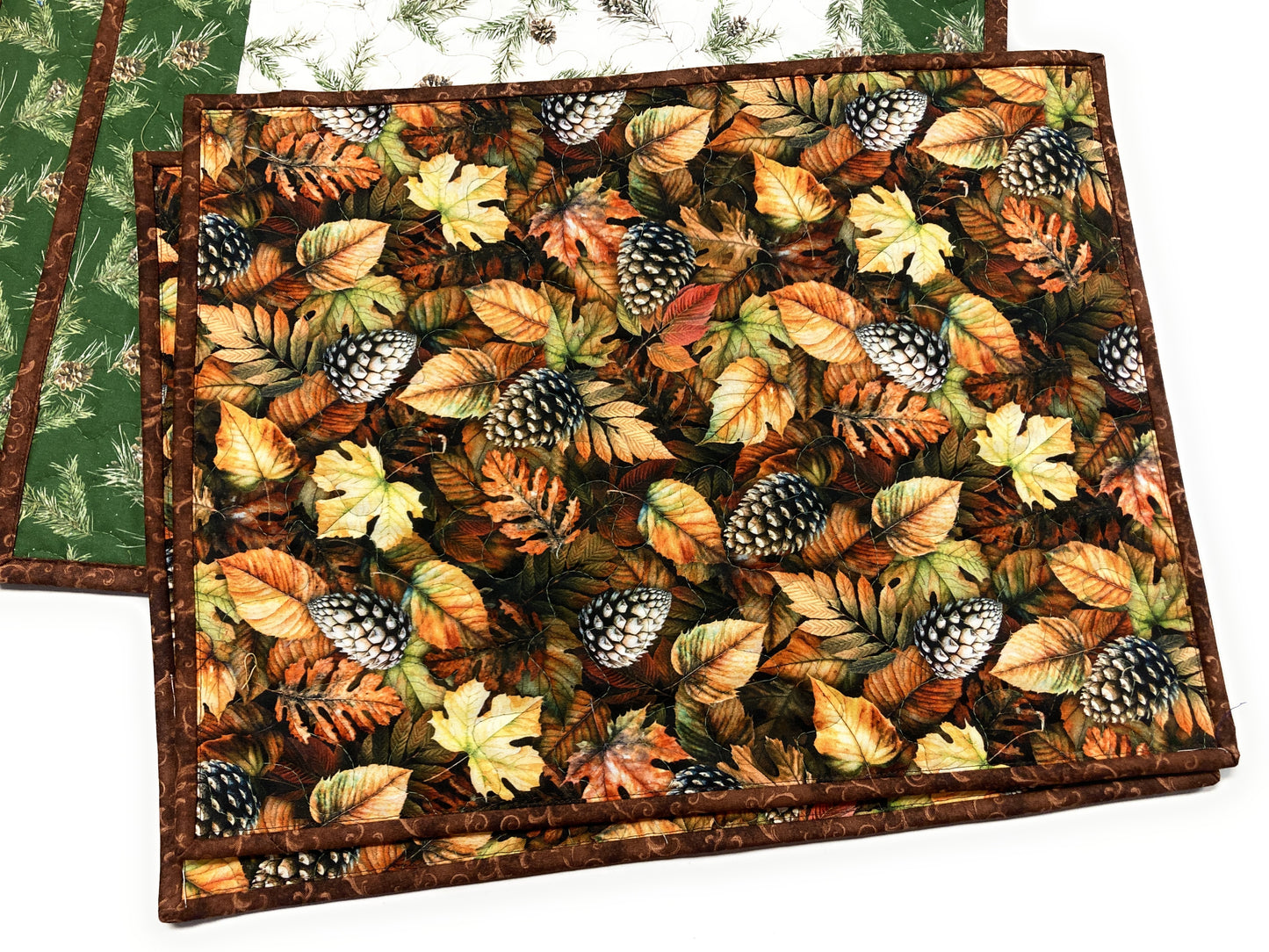 Pine Cones and Branches Quilted Dining Table Placemats, Reversible Fall 13x17"