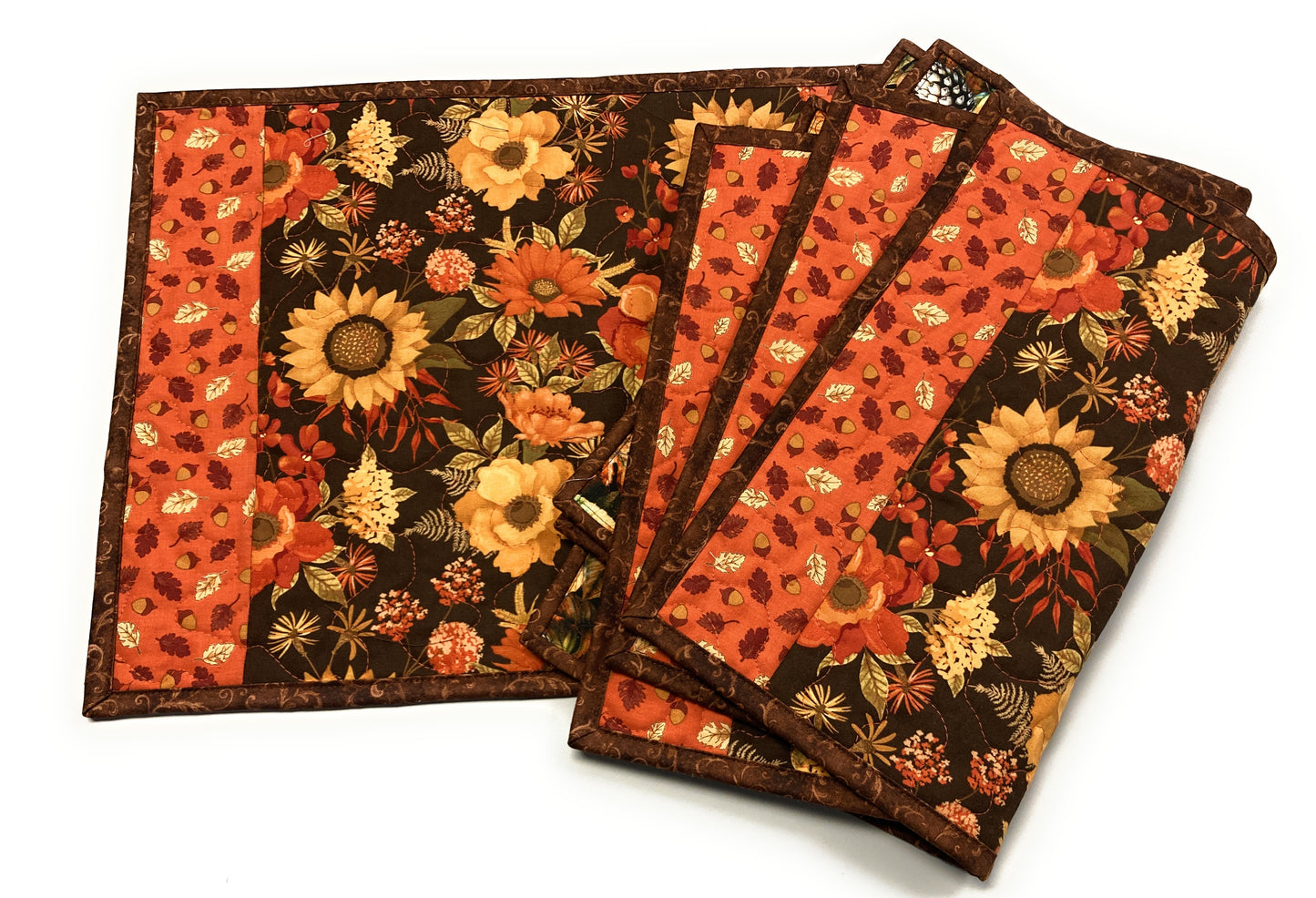 Fall Autumn Brown Orange Flowers and Leaves Quilted Placemats 13x17" Handmade