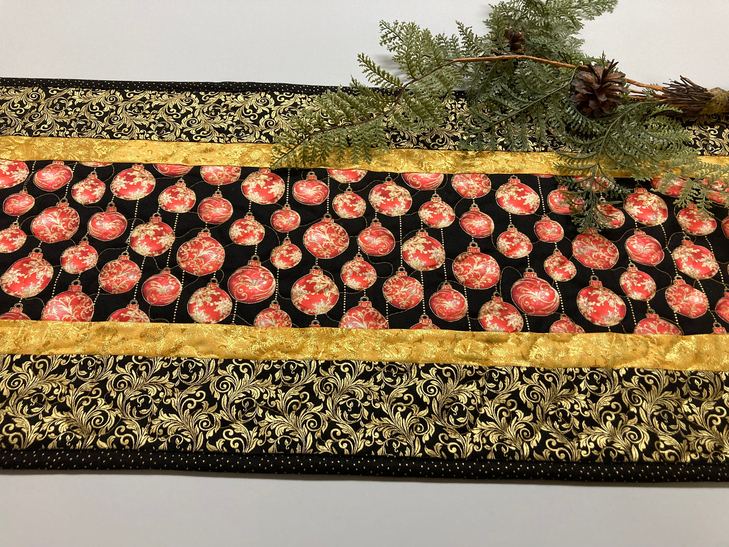 Christmas Red Gold Tree Ornaments Quilted Table Runner, 13x48", Winter Holiday Dining Coffee Table, Dresser Scarf End Table Handmade