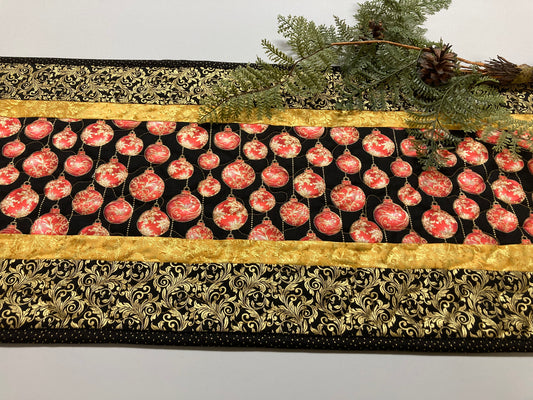 Christmas Red Gold Tree Ornaments Quilted Table Runner, 13x48", Winter Holiday Dining Coffee Table, Dresser Scarf End Table Handmade