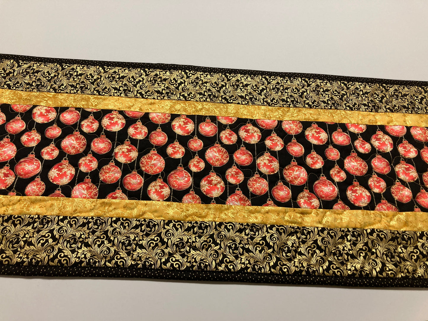 Christmas Red Gold Tree Ornaments Quilted Table Runner, 13x48", Winter Holiday Dining Coffee Table, Dresser Scarf End Table Handmade