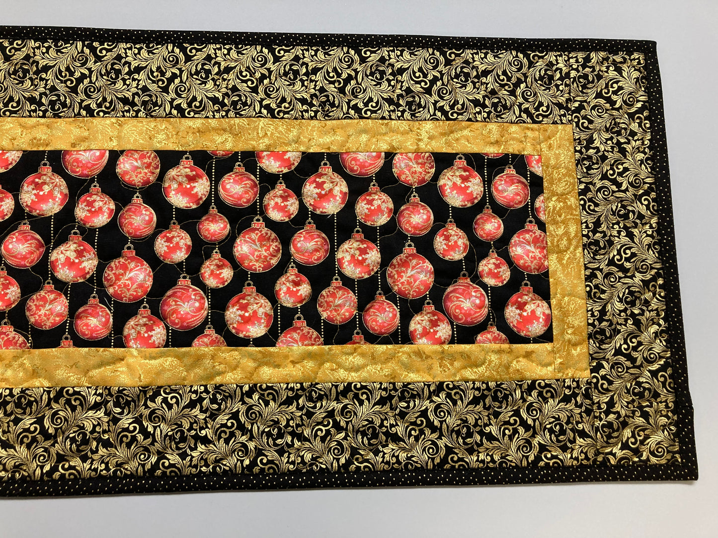 Christmas Red Gold Tree Ornaments Quilted Table Runner, 13x48", Winter Holiday Dining Coffee Table, Dresser Scarf End Table Handmade
