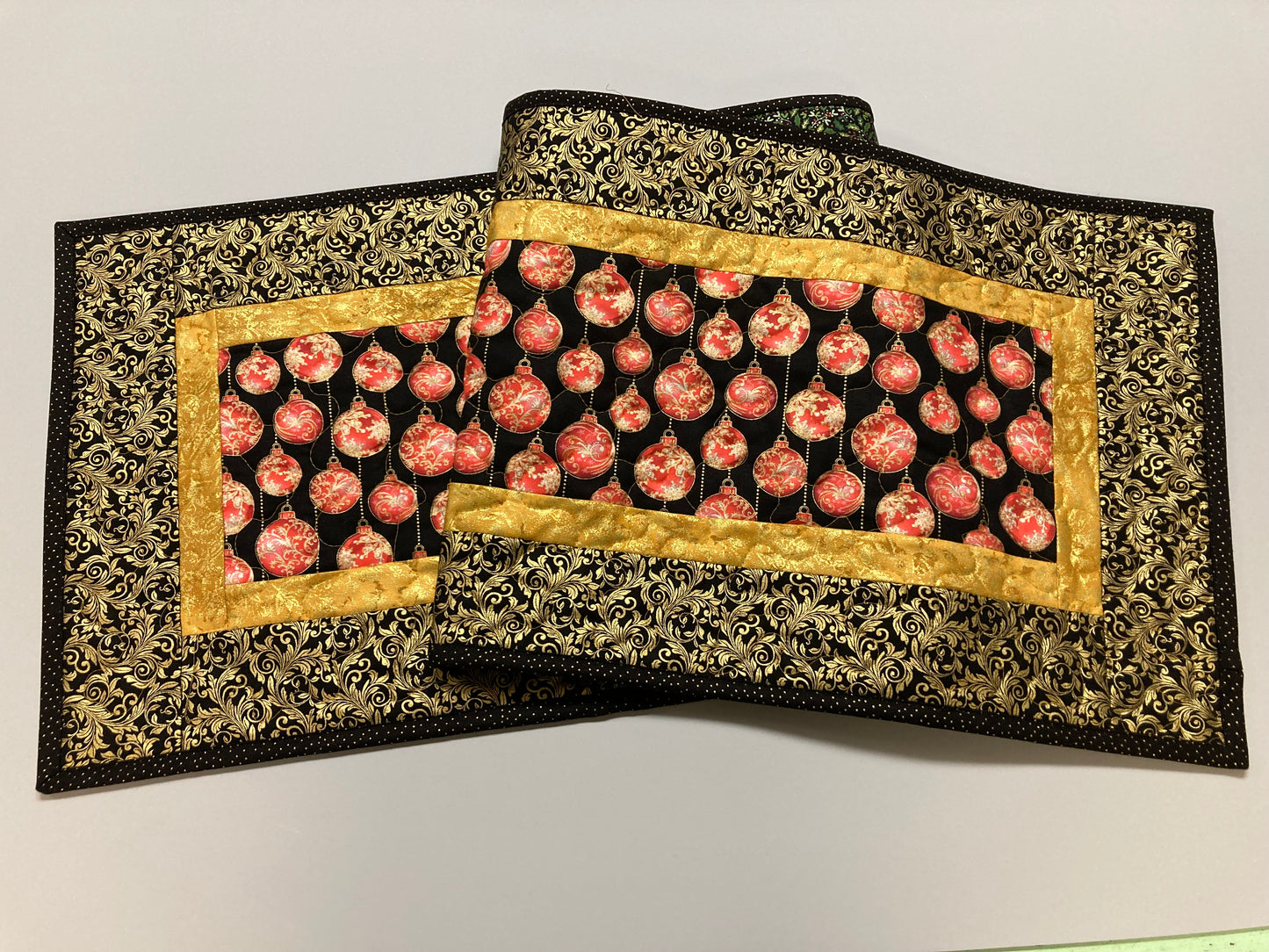 Christmas Red Gold Tree Ornaments Quilted Table Runner, 13x48", Winter Holiday Dining Coffee Table, Dresser Scarf End Table Handmade
