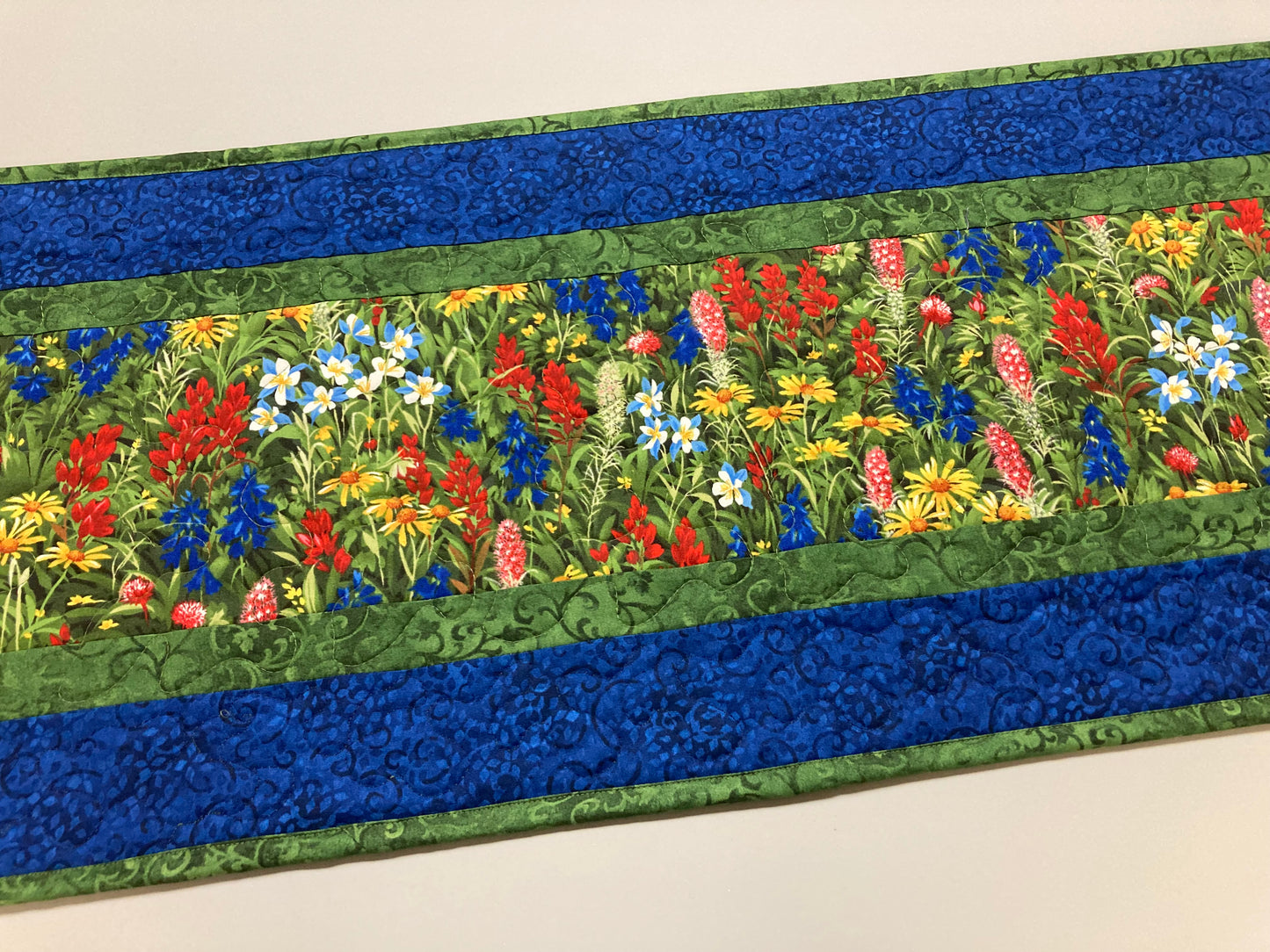 Quilted Table Runner Summer Texas Wildflowers, 13x48" Yellow Red Blue Flowers, Dining Room Coffee Table Runner, Garden Floral Everyday