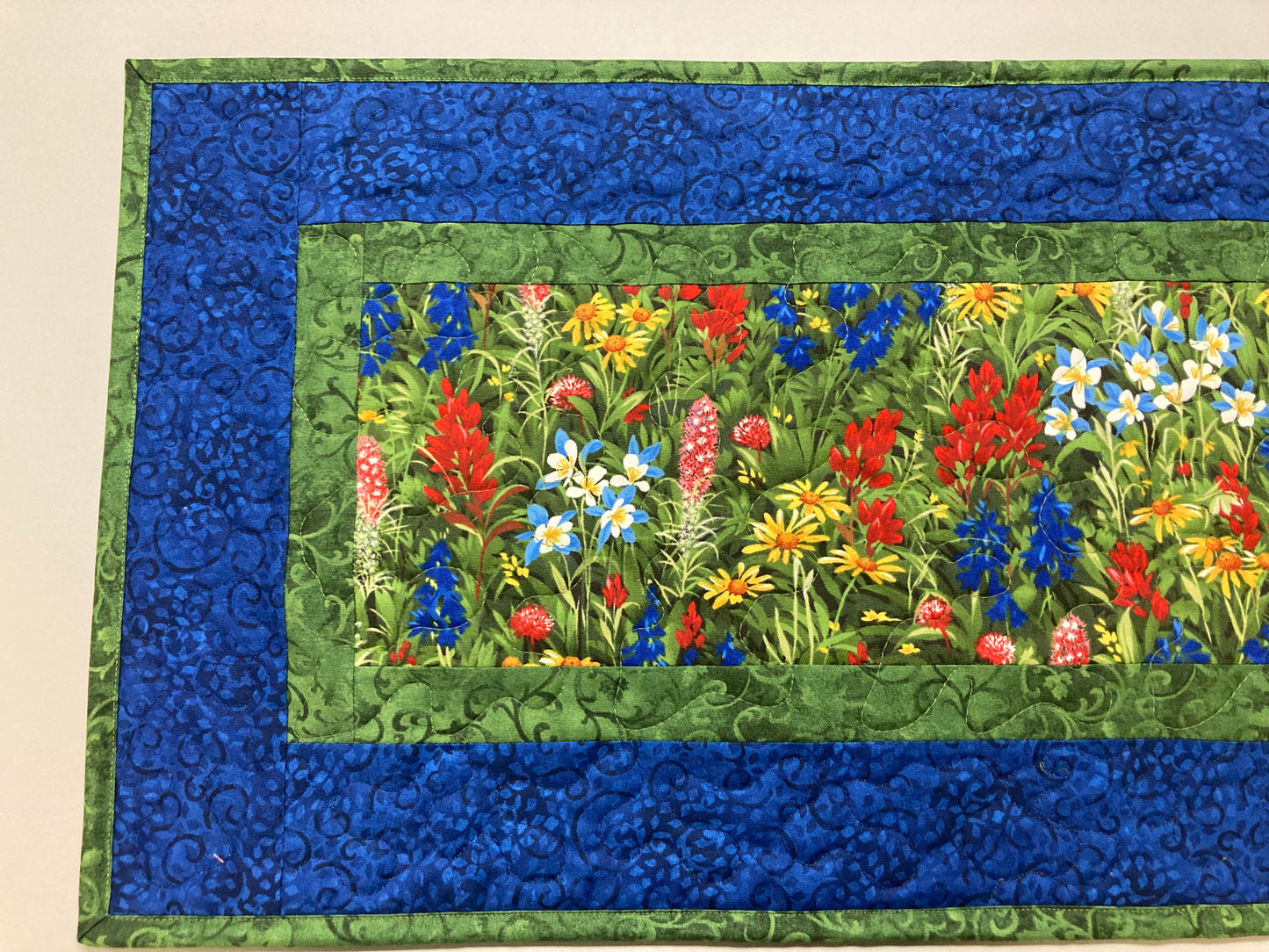 Quilted Table Runner Summer Texas Wildflowers, 13x48" Yellow Red Blue Flowers, Dining Room Coffee Table Runner, Garden Floral Everyday