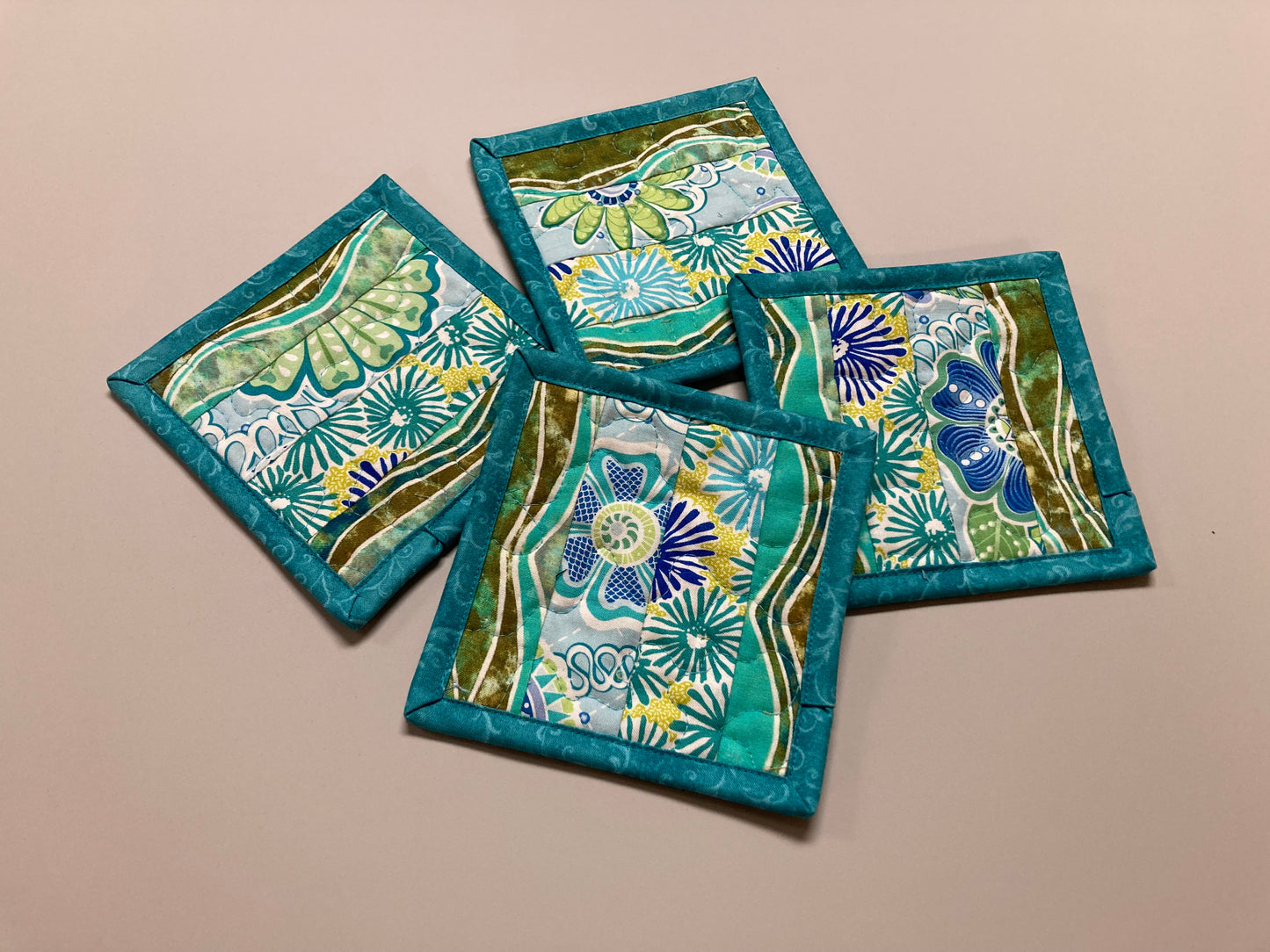 Ocean Blue Green Mug Rug Snack Mats Fabric Quilted Coasters, 5.25" Large Square Coffee End Table, Abstract Boho Hippy Chic Artistic Handmade