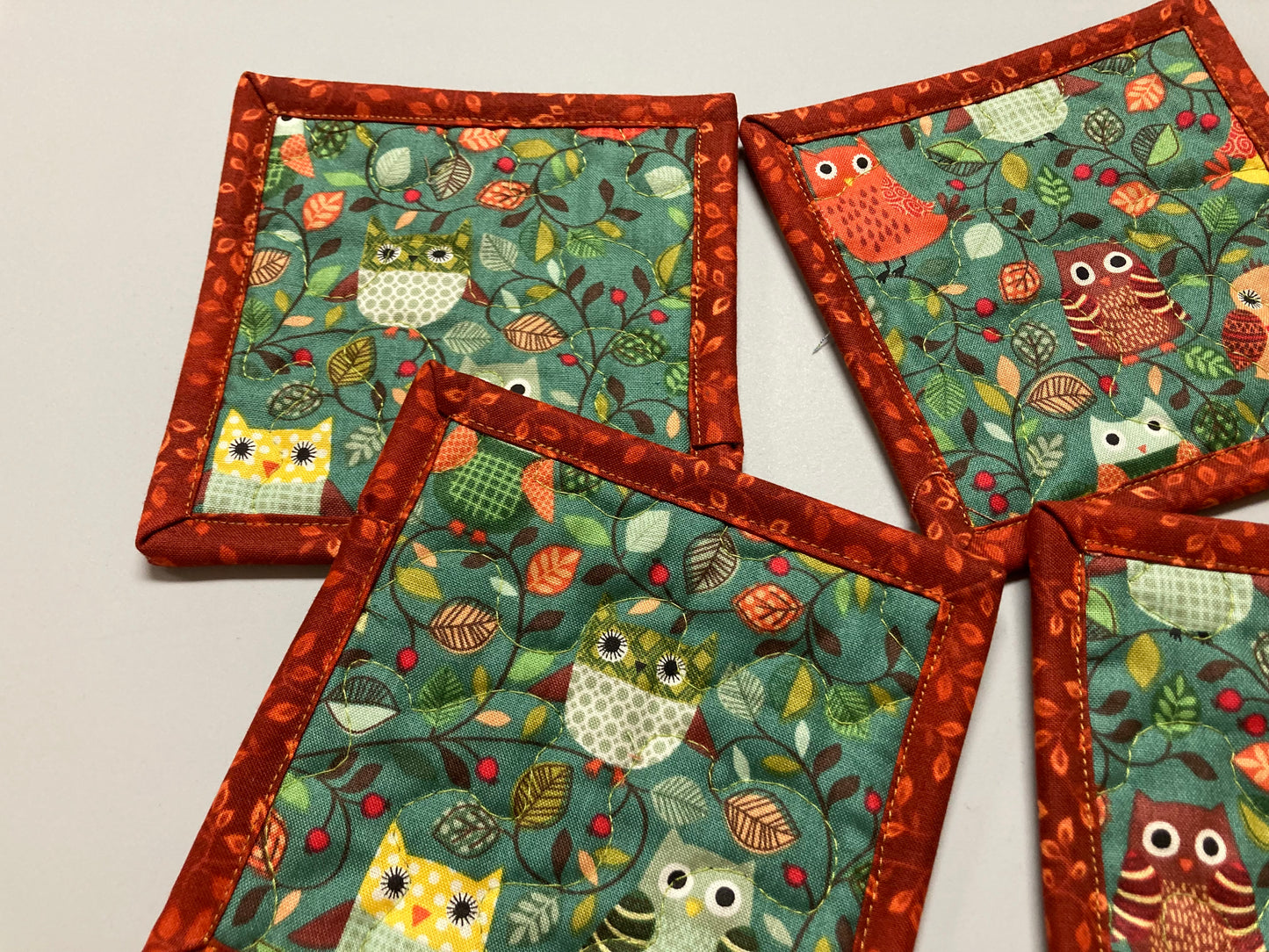 Owl Woodland Animal Fabric Coasters for Drinks, 5x5" Large Coffee Tea Beer Hot Cold Washable Reusable Kid’s Snack Mats, Forest Handmade