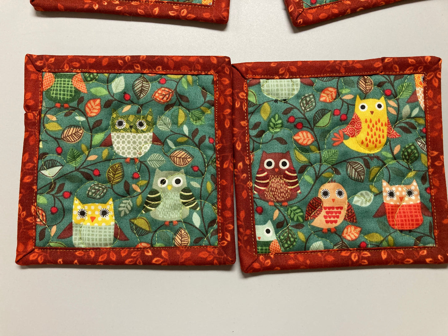 Owl Woodland Animal Fabric Coasters for Drinks, 5x5" Large Coffee Tea Beer Hot Cold Washable Reusable Kid’s Snack Mats, Forest Handmade