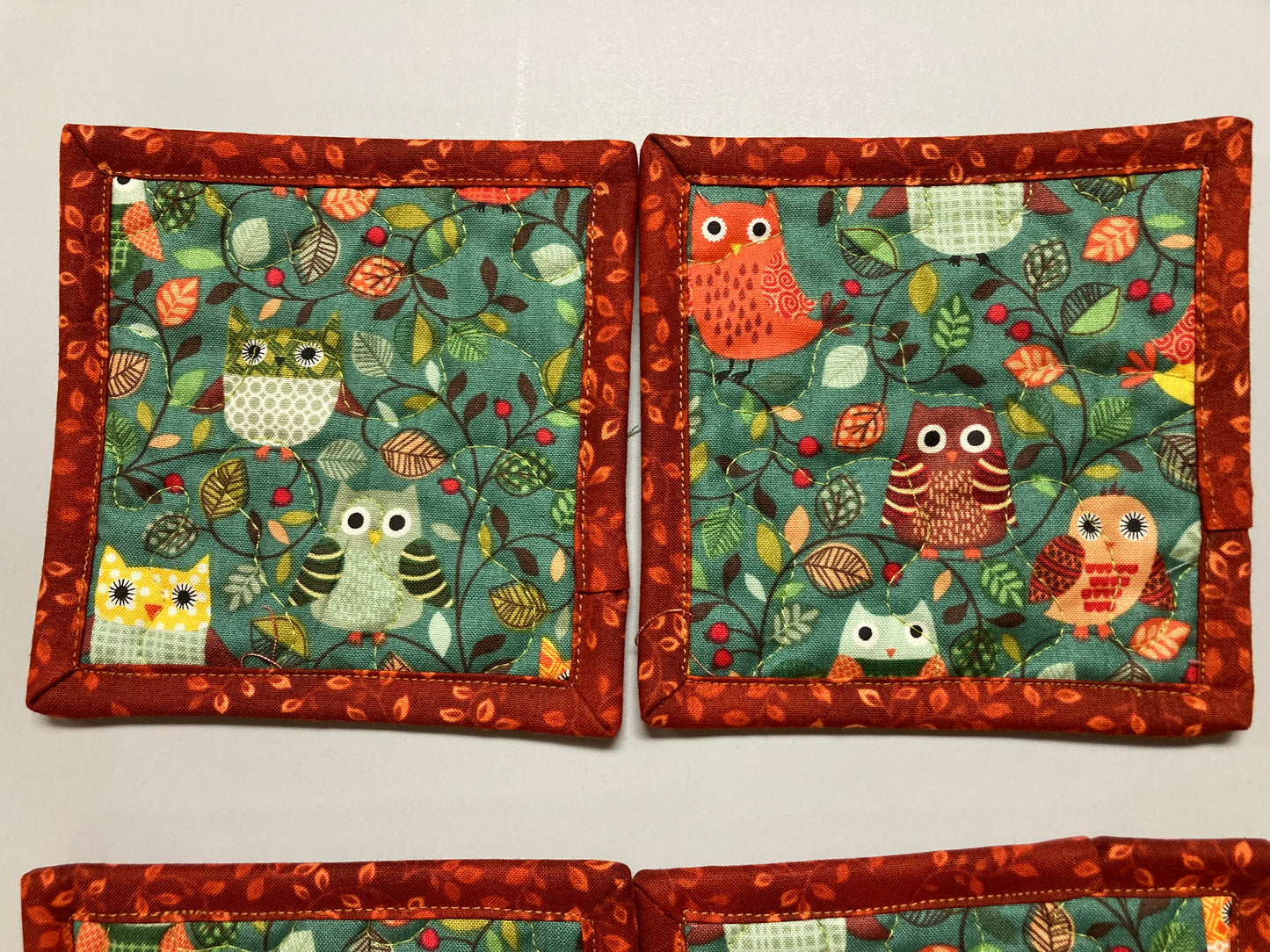 Owl Woodland Animal Fabric Coasters for Drinks, 5x5" Large Coffee Tea Beer Hot Cold Washable Reusable Kid’s Snack Mats, Forest Handmade