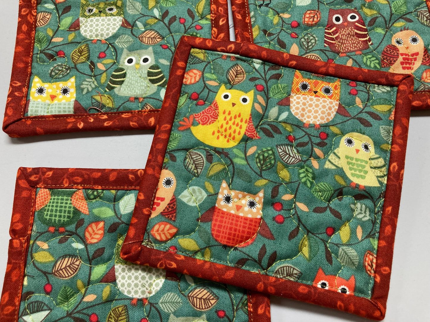 Owl Woodland Animal Fabric Coasters for Drinks, 5x5" Large Coffee Tea Beer Hot Cold Washable Reusable Kid’s Snack Mats, Forest Handmade