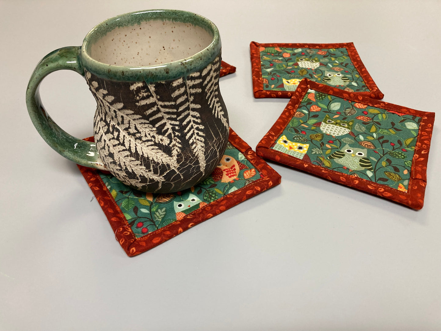 Owl Woodland Animal Fabric Coasters for Drinks, 5x5" Large Coffee Tea Beer Hot Cold Washable Reusable Kid’s Snack Mats, Forest Handmade