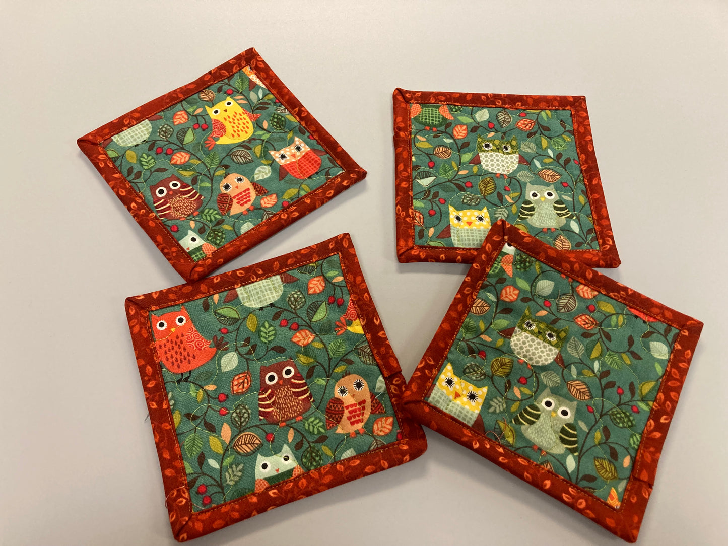 Owl Woodland Animal Fabric Coasters for Drinks, 5x5" Large Coffee Tea Beer Hot Cold Washable Reusable Kid’s Snack Mats, Forest Handmade
