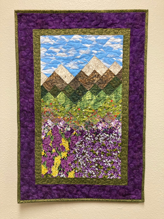 Summer Purple Yellow Meadow Mountain Art Quilt Tapestry, Fabric Wall Hanging, 19x29" Original Artwork, Vertical Forest Meadow Scenic Picture