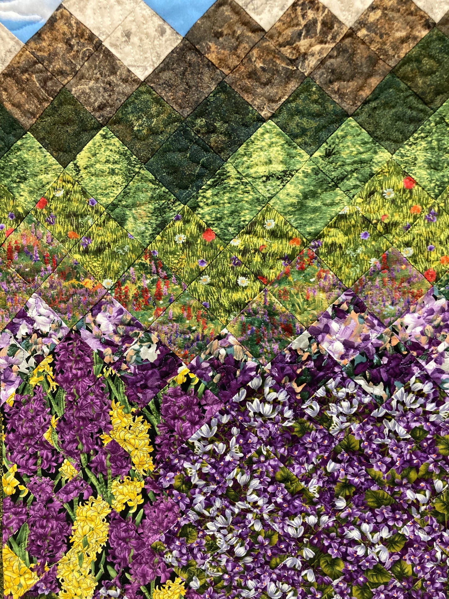 Summer Purple Yellow Meadow Mountain Art Quilt Tapestry, Fabric Wall Hanging, 19x29" Original Artwork, Vertical Forest Meadow Scenic Picture