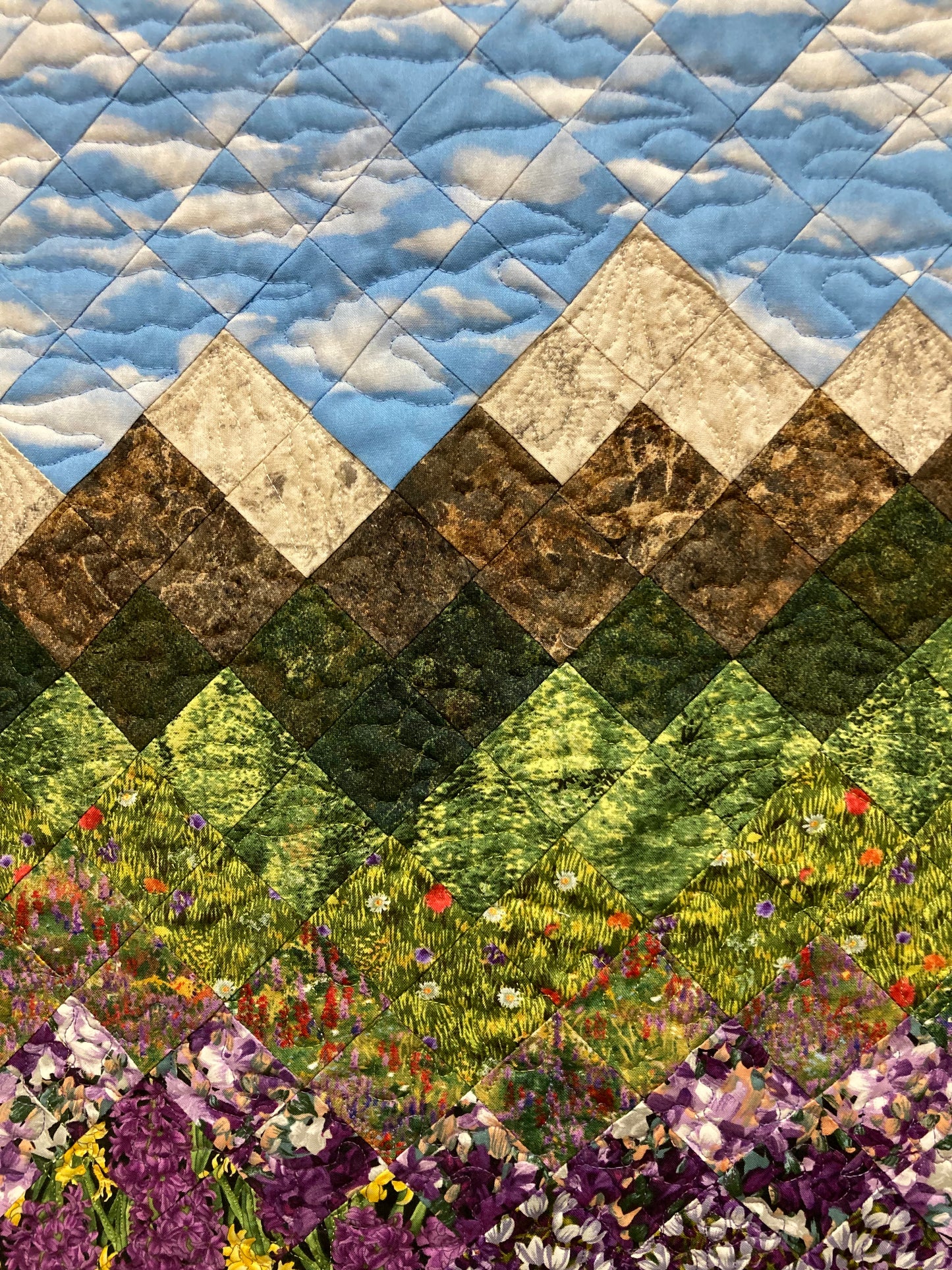 Summer Purple Yellow Meadow Mountain Art Quilt Tapestry, Fabric Wall Hanging, 19x29" Original Artwork, Vertical Forest Meadow Scenic Picture