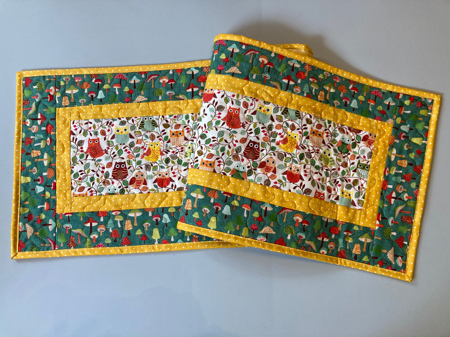 Quilted Table Runner, Owls Trees Mushrooms, 13x48" Reversible Woodland Animals Dining Coffee Table, Yellow Green Child Kid Room Handmade