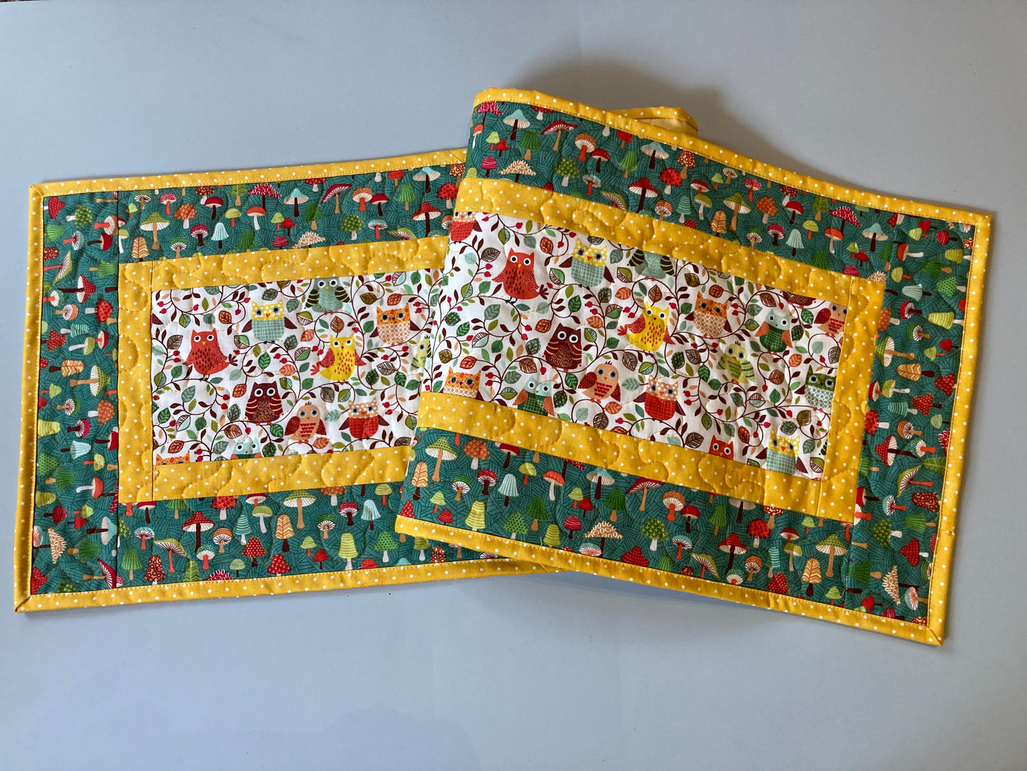 Quilted Table Runner, Owls Trees Mushrooms, 13x48" Reversible Woodland Animals Dining Coffee Table, Yellow Green Child Kid Room Handmade