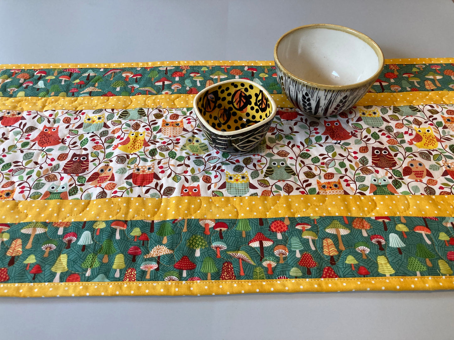 Quilted Table Runner, Owls Trees Mushrooms, 13x48" Reversible Woodland Animals Dining Coffee Table, Yellow Green Child Kid Room Handmade