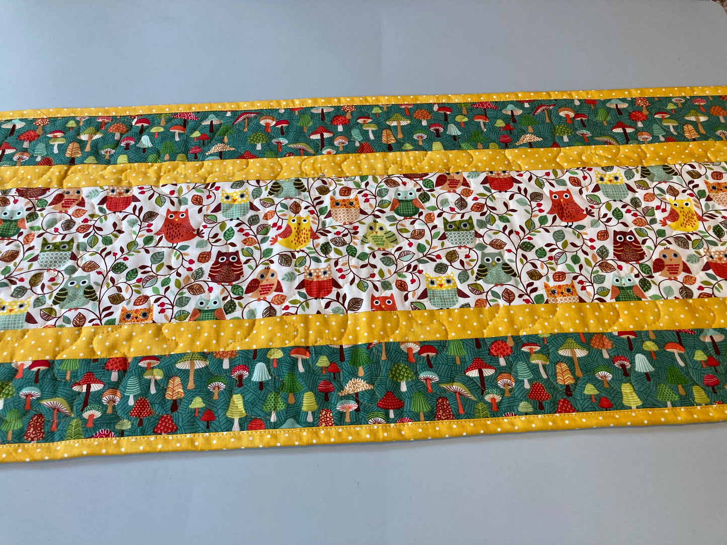 Quilted Table Runner, Owls Trees Mushrooms, 13x48" Reversible Woodland Animals Dining Coffee Table, Yellow Green Child Kid Room Handmade