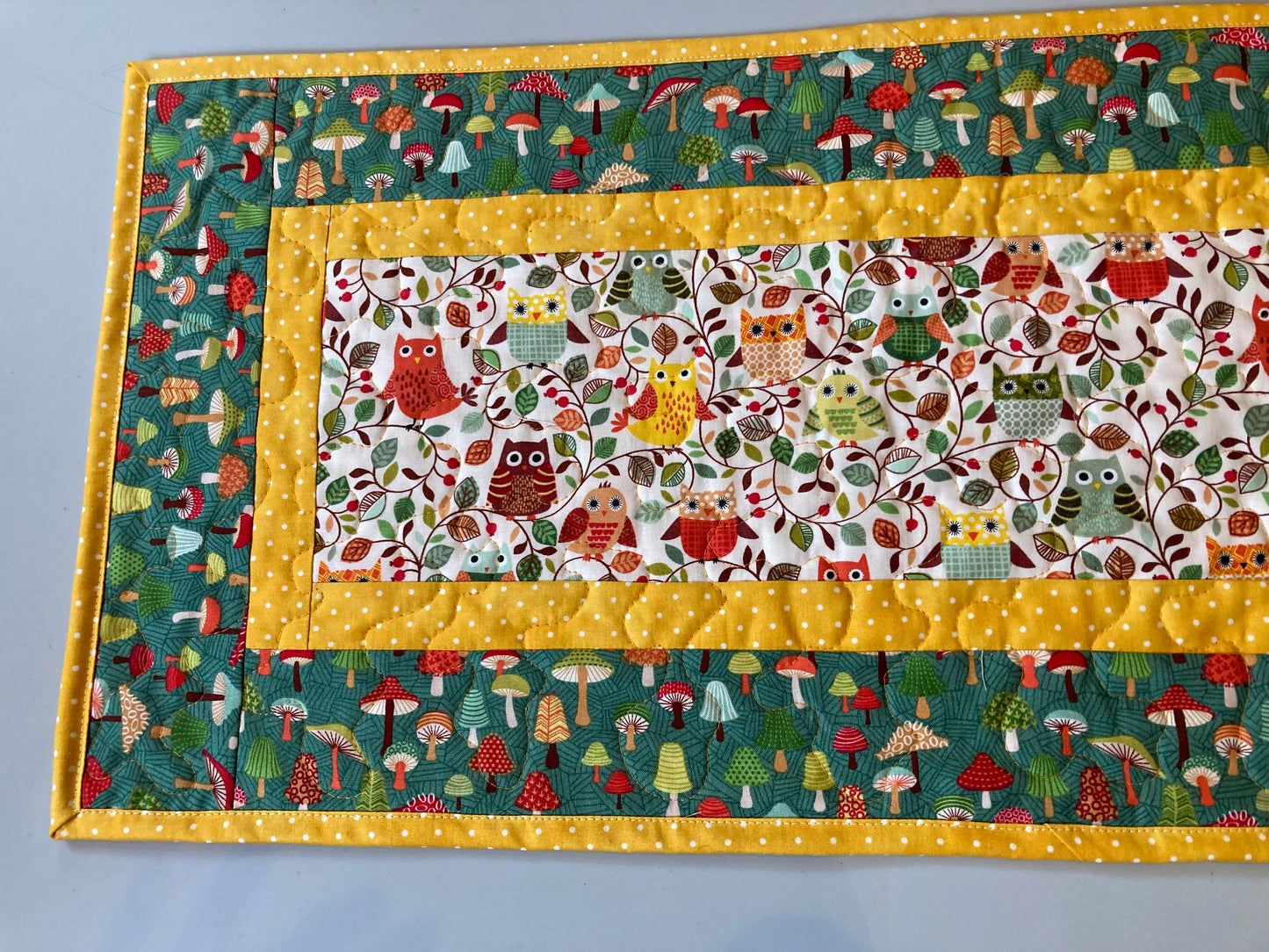 Quilted Table Runner, Owls Trees Mushrooms, 13x48" Reversible Woodland Animals Dining Coffee Table, Yellow Green Child Kid Room Handmade