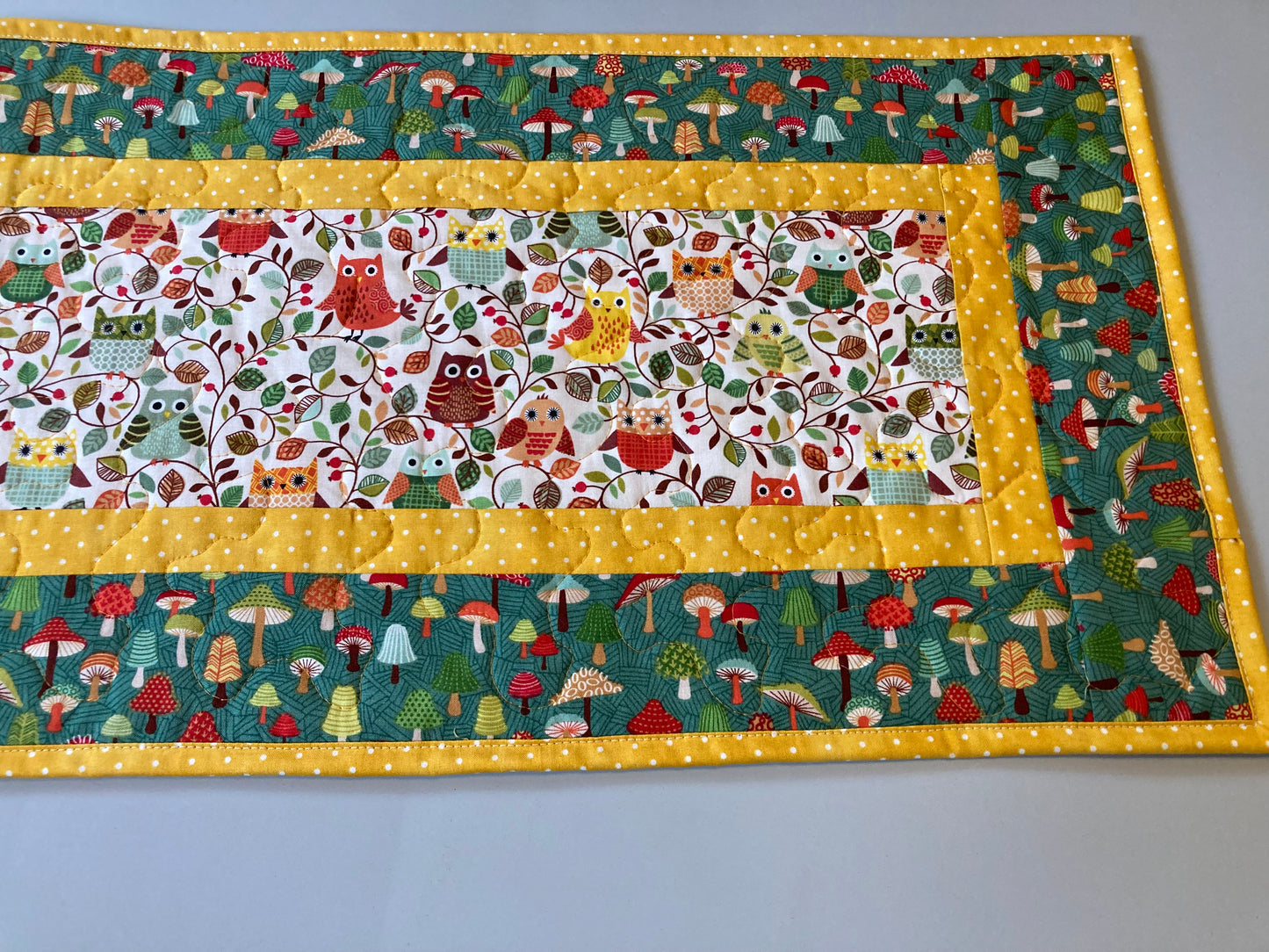 Quilted Table Runner, Owls Trees Mushrooms, 13x48" Reversible Woodland Animals Dining Coffee Table, Yellow Green Child Kid Room Handmade