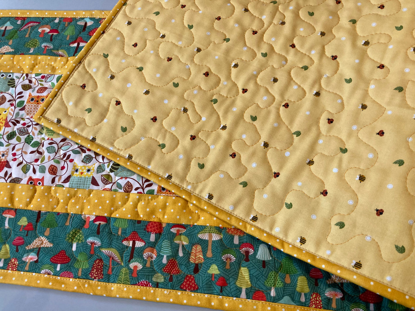 Quilted Table Runner, Owls Trees Mushrooms, 13x48" Reversible Woodland Animals Dining Coffee Table, Yellow Green Child Kid Room Handmade