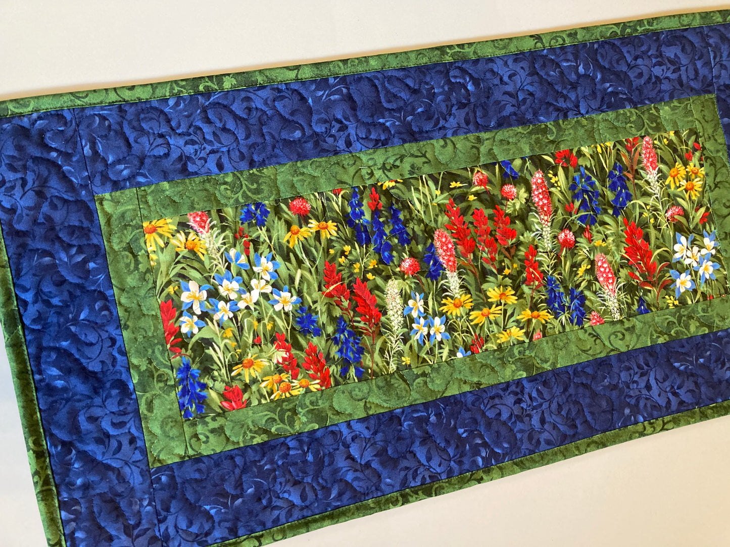 Quilted Summer Table Runner Topper, 13x24", Texas Yellow Red Blue Wildflowers, Reversible Leaves, Coffee End Table Nightstand, Tahoe Quilts