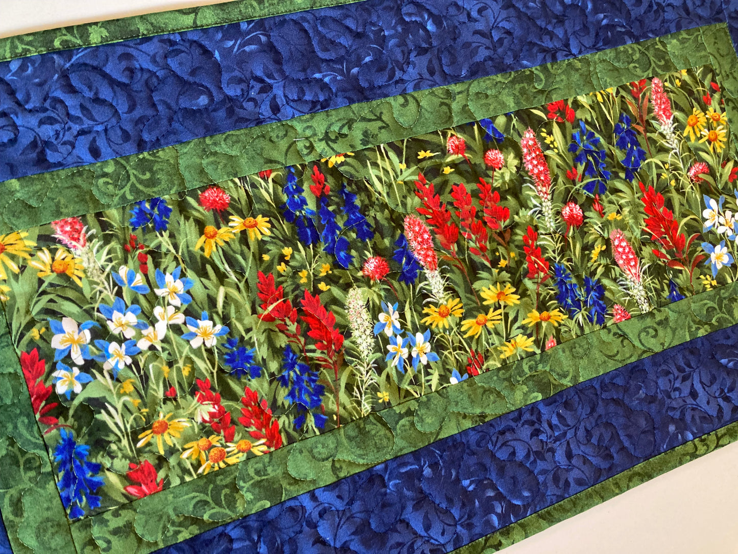 Quilted Summer Table Runner Topper, 13x24", Texas Yellow Red Blue Wildflowers, Reversible Leaves, Coffee End Table Nightstand, Tahoe Quilts