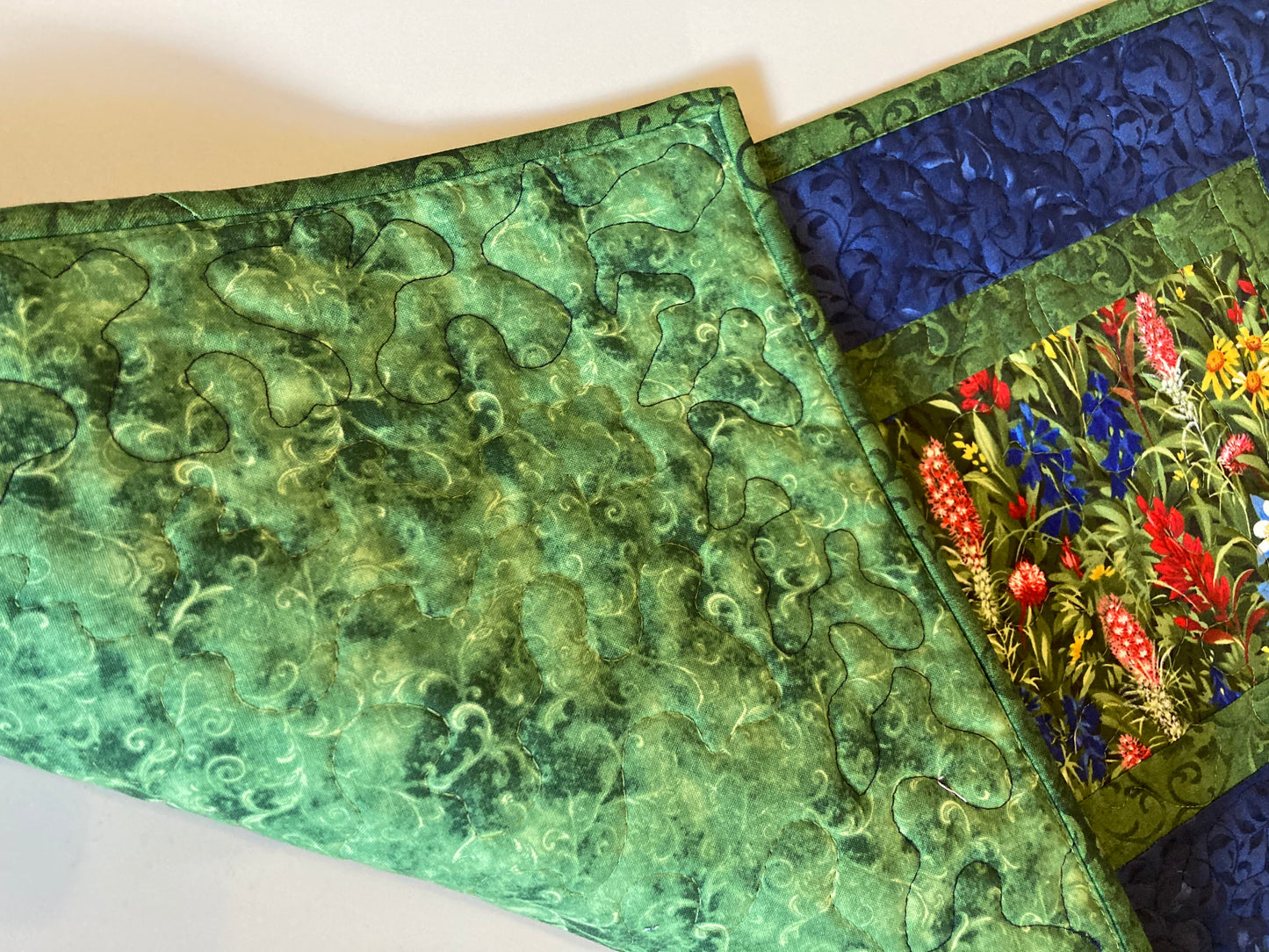 Quilted Summer Table Runner Topper, 13x24", Texas Yellow Red Blue Wildflowers, Reversible Leaves, Coffee End Table Nightstand, Tahoe Quilts