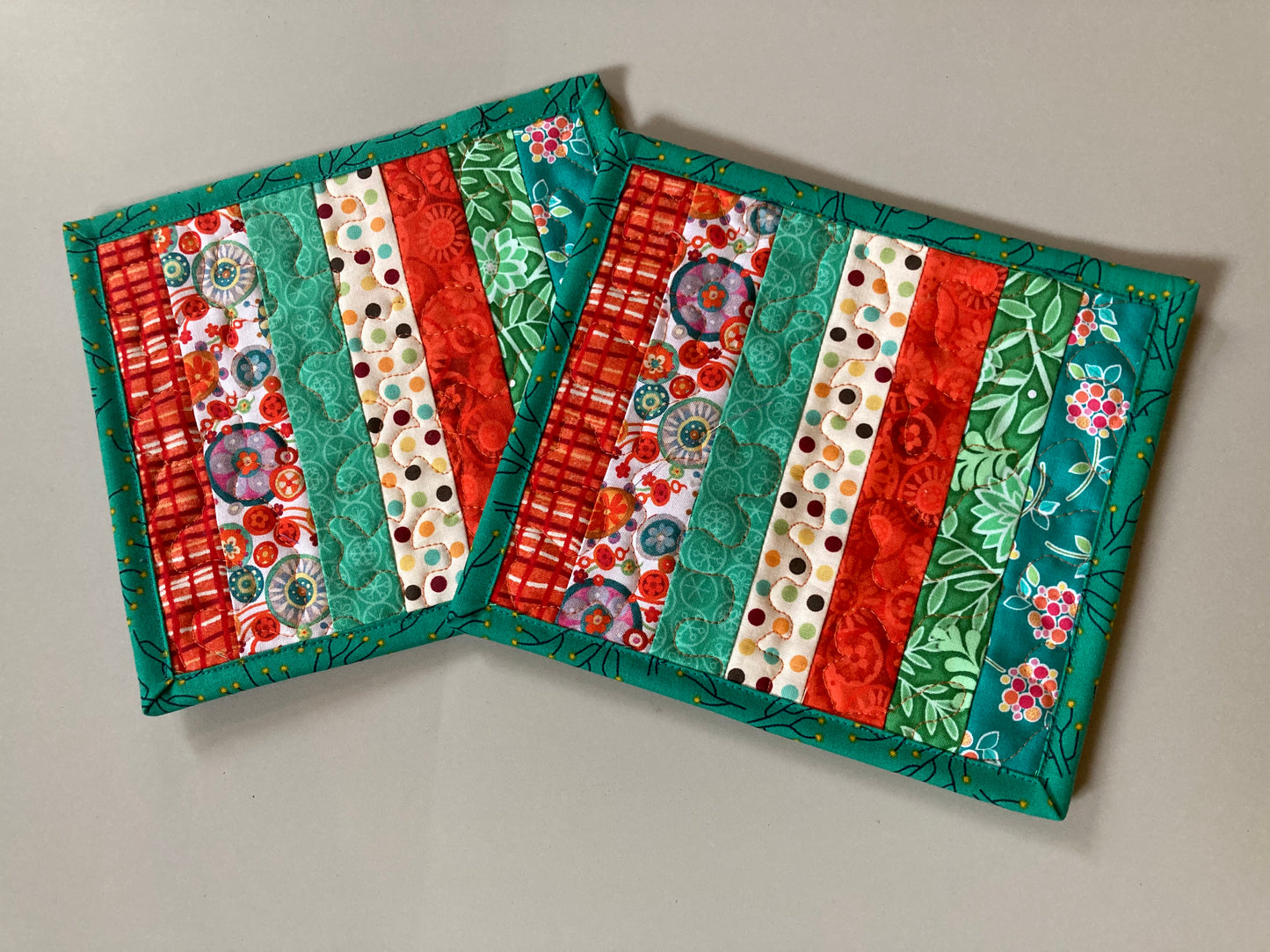Bright Orange Turquoise Summer Mug Rug Snack Mat Set of (2) Coffee End Table, Large Coasters 7x8", Quilted Boho Scrappy Bright Handmade