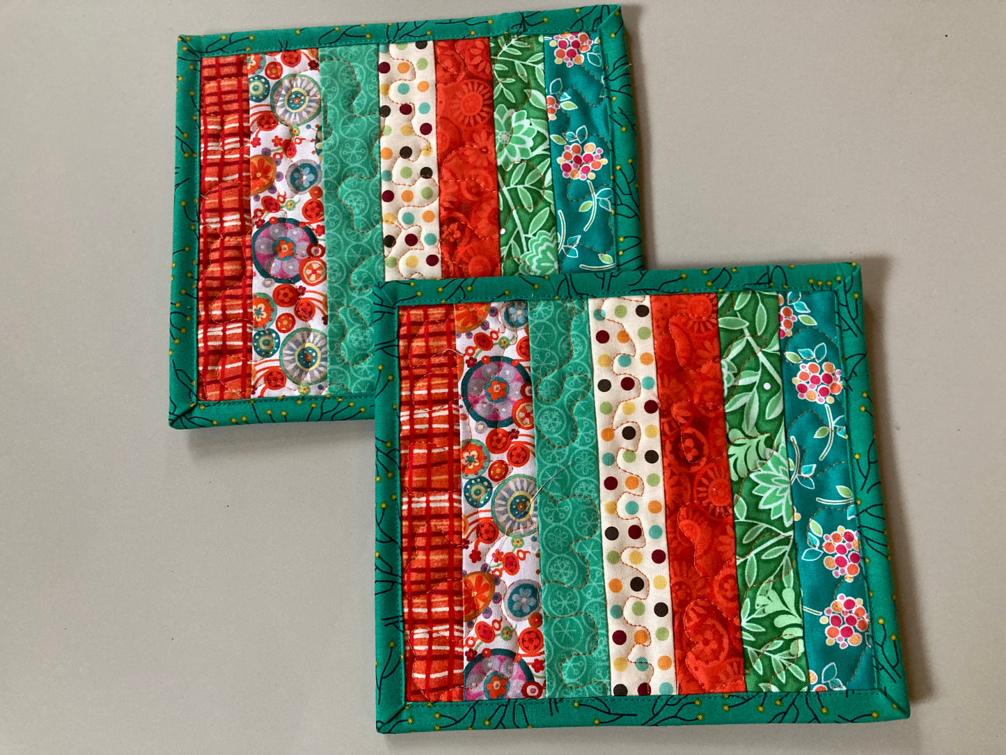 Bright Orange Turquoise Summer Mug Rug Snack Mat Set of (2) Coffee End Table, Large Coasters 7x8", Quilted Boho Scrappy Bright Handmade