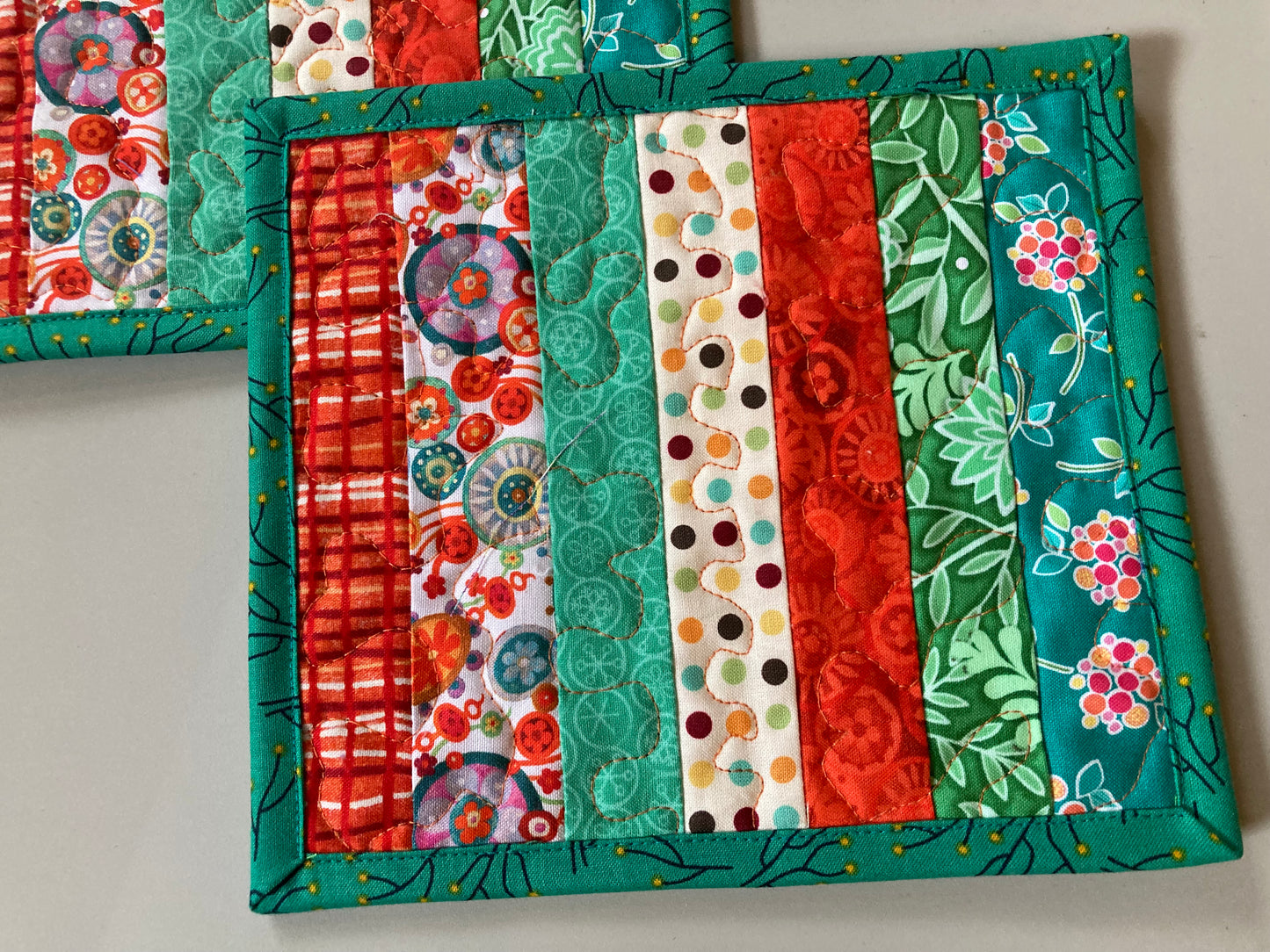 Bright Orange Turquoise Summer Mug Rug Snack Mat Set of (2) Coffee End Table, Large Coasters 7x8", Quilted Boho Scrappy Bright Handmade