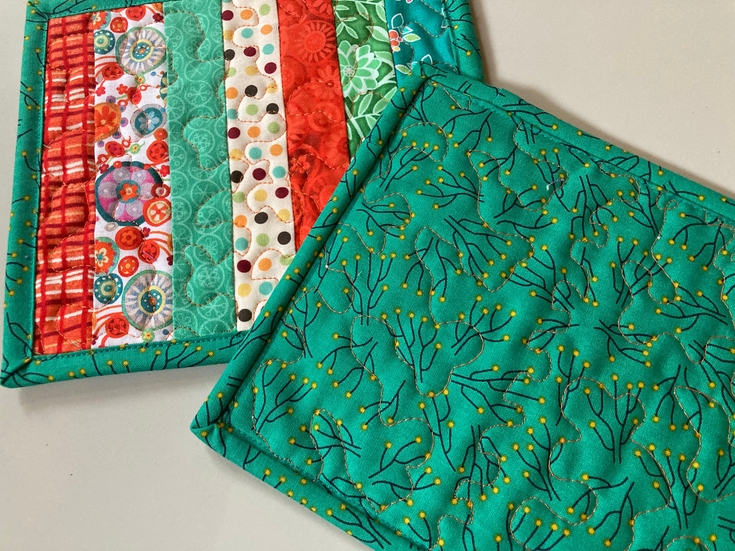 Bright Orange Turquoise Summer Mug Rug Snack Mat Set of (2) Coffee End Table, Large Coasters 7x8", Quilted Boho Scrappy Bright Handmade