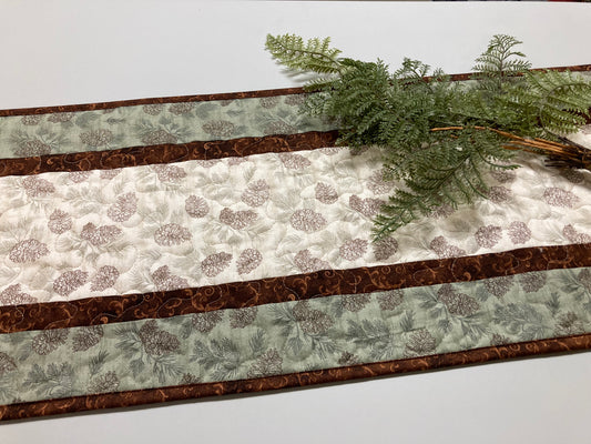 Summer Pine Cones Quilted Dining Table Runner, Fall Reversible, Coffee End Table Dresser Scarf 13x48" Woods Rustic Mountain Cabin Handmade