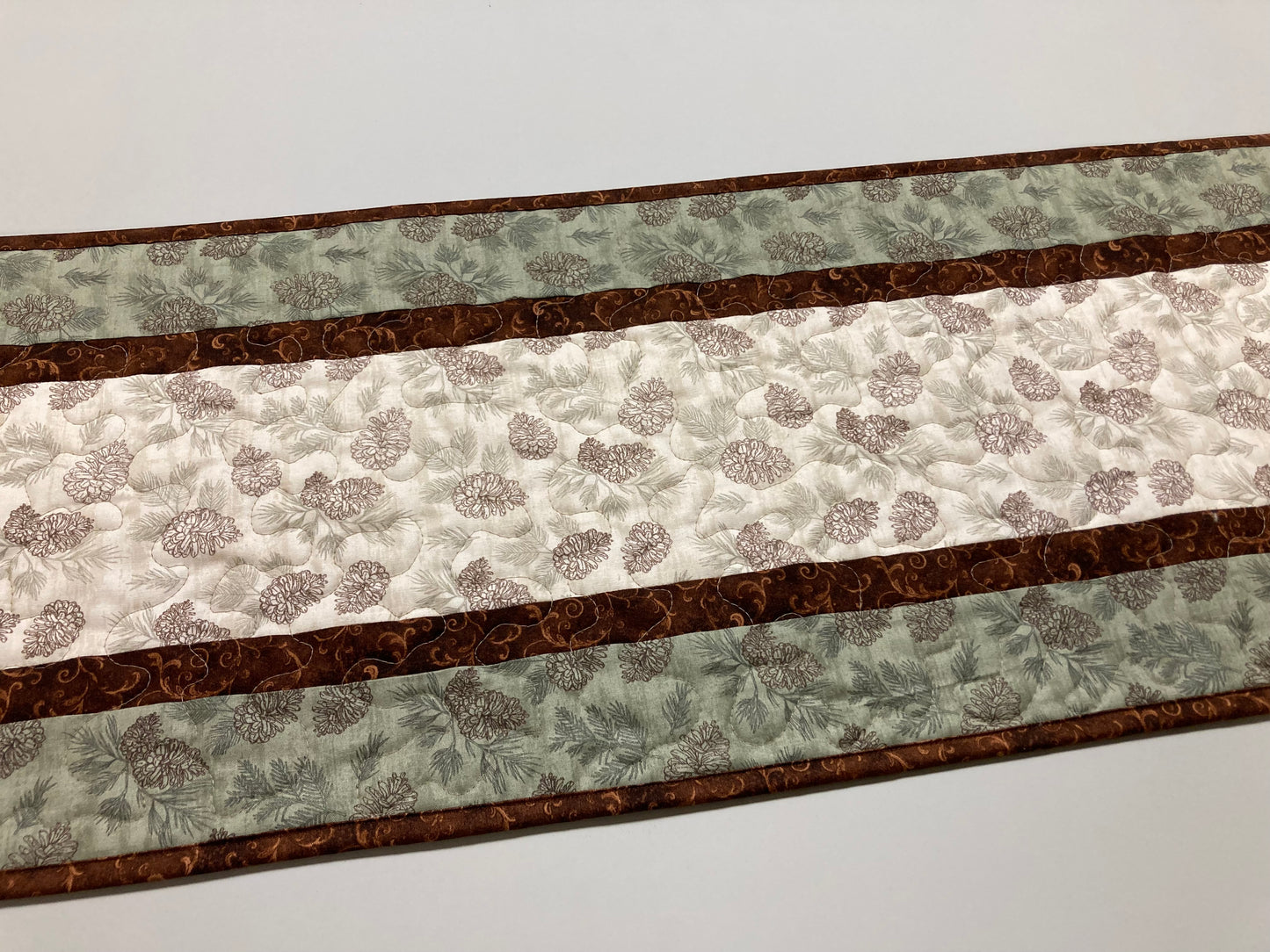 Summer Pine Cones Quilted Dining Table Runner, Fall Reversible, Coffee End Table Dresser Scarf 13x48" Woods Rustic Mountain Cabin Handmade