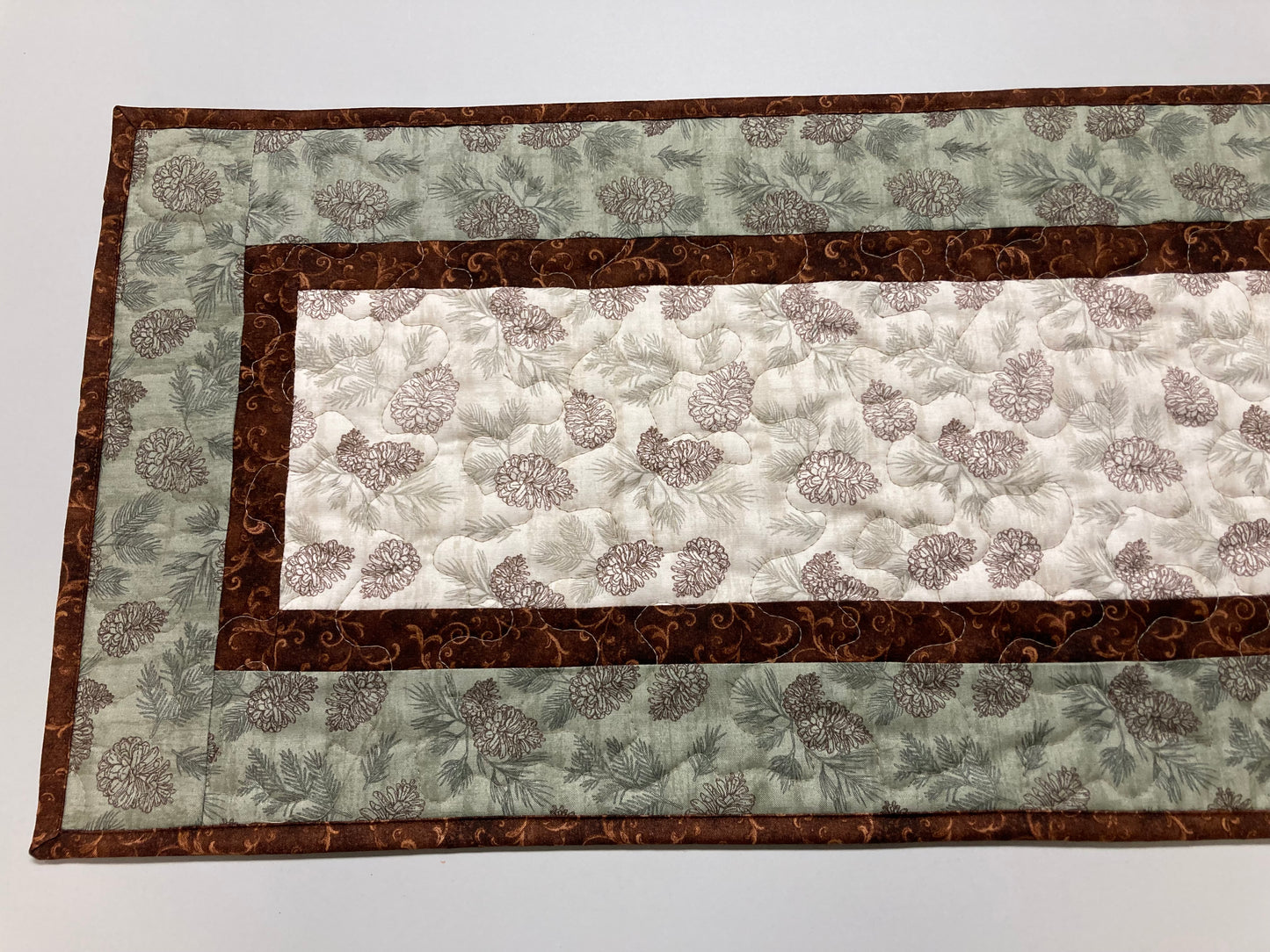 Summer Pine Cones Quilted Dining Table Runner, Fall Reversible, Coffee End Table Dresser Scarf 13x48" Woods Rustic Mountain Cabin Handmade