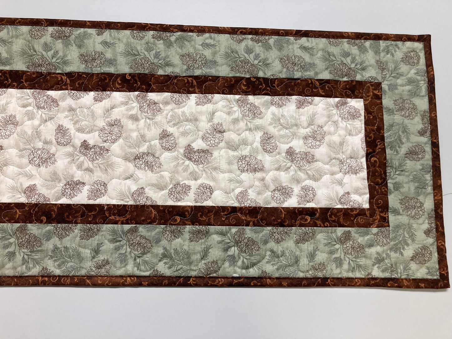 Summer Pine Cones Quilted Dining Table Runner, Fall Reversible, Coffee End Table Dresser Scarf 13x48" Woods Rustic Mountain Cabin Handmade