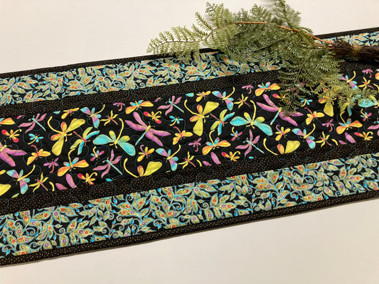 Quilted Jewel Tone Bright Dragonfly Table Runner, 13x48" Reversible, Dining Coffee Table, Everyday Garden Nature Blue Purple Gold, Handmade