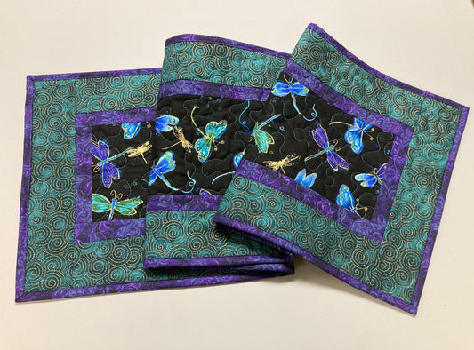 Dragonfly Quilted Table Runner, Purple Blue Dragonflies, 13x48" Reversible Cotton, Coffee Dining Buffet Table Spring Summer Runner Everyday