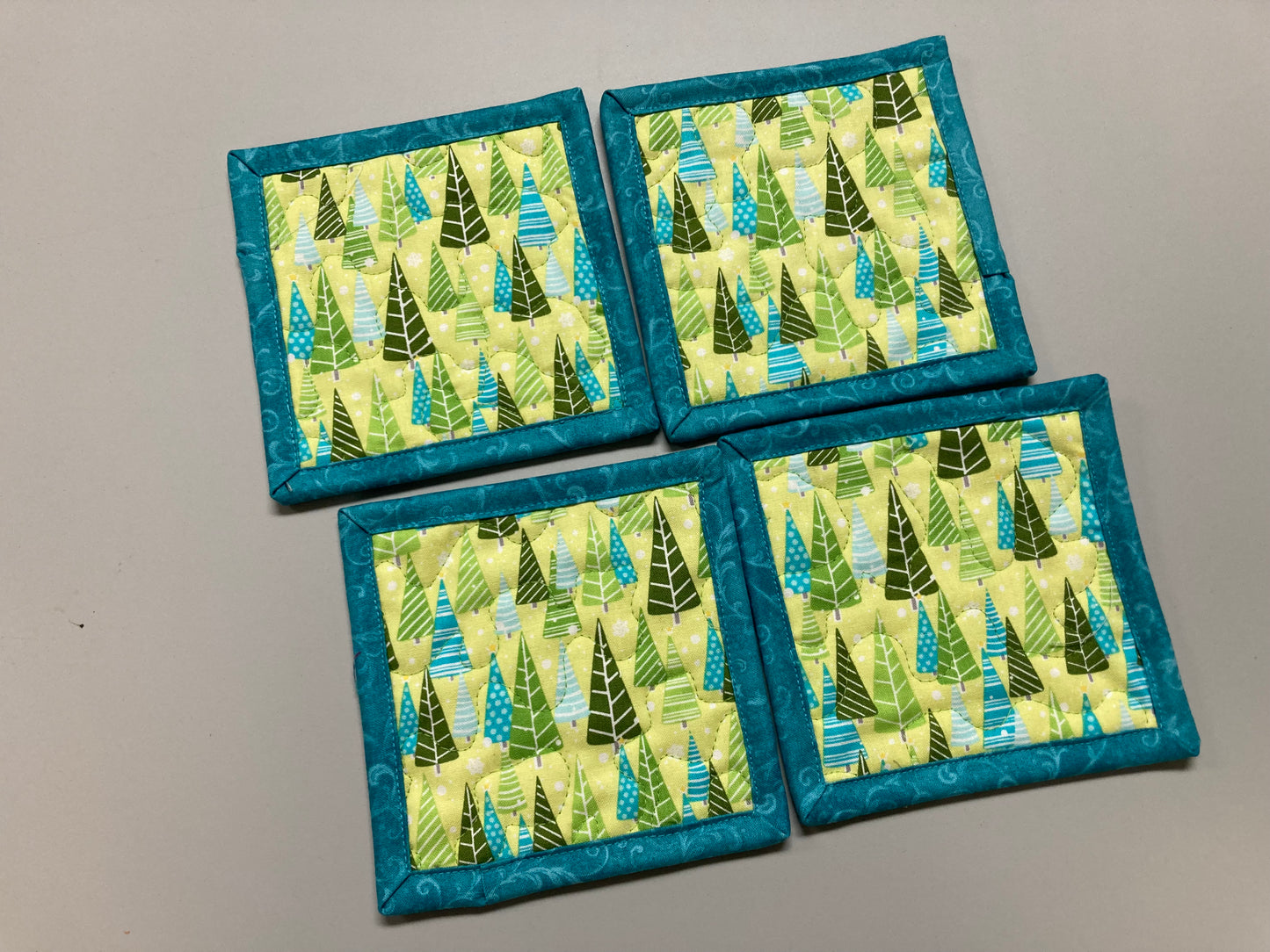 Blue Green Forest Trees Fabric Drink Coasters 5x5" Quilted, Snack Mats Mug Rugs, Reversible Washable Handmade Hot Cold Alpine Woods Pine