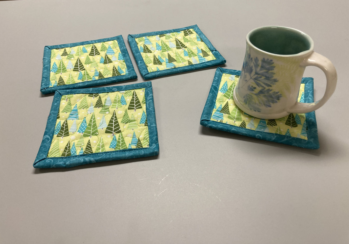Blue Green Forest Trees Fabric Drink Coasters 5x5" Quilted, Snack Mats Mug Rugs, Reversible Washable Handmade Hot Cold Alpine Woods Pine