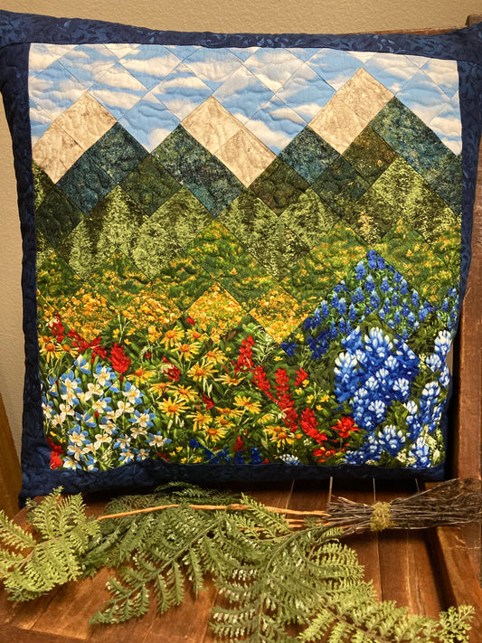 Mountain Decorative Pillow, Wildflowers Trees Mountain Sky Landscape Pillow 20x20", Cotton Lake Tahoe Cabin Lodge Decor, Texas Flowers