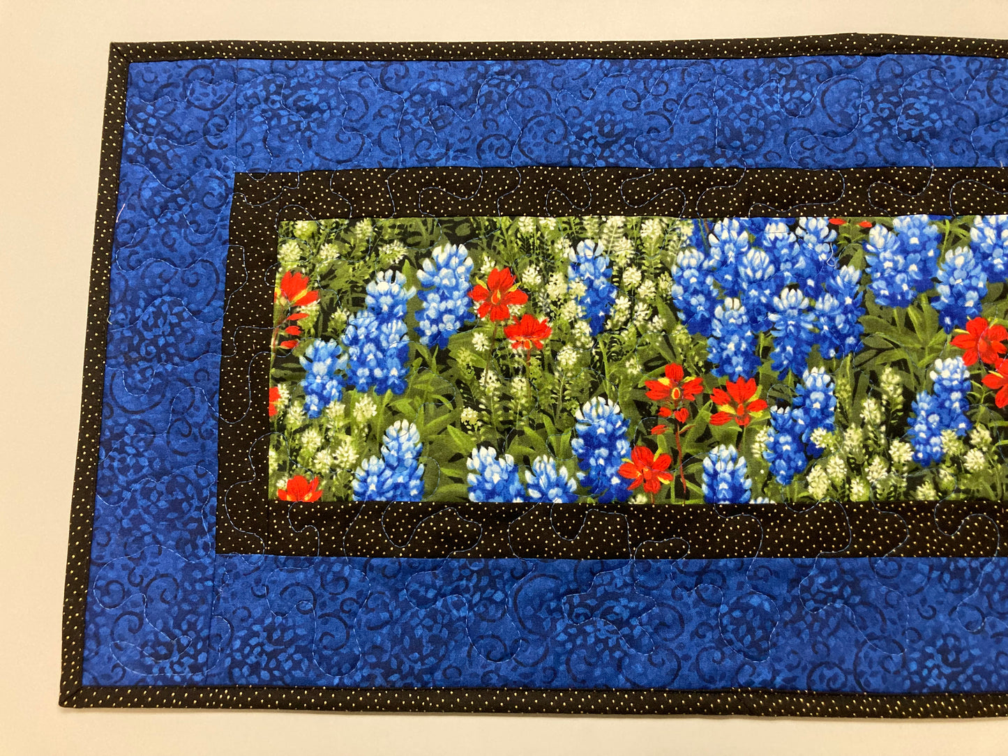 Dining Table Runner, Texas Bluebonnets Red Summer Runner, 13x48" Quilted Reversible, Coffee Table End Table Nightstand, Wildflower Handmade