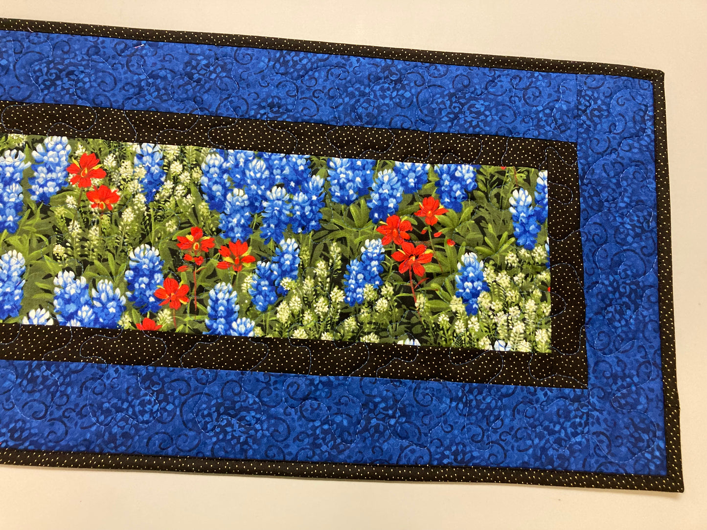Dining Table Runner, Texas Bluebonnets Red Summer Runner, 13x48" Quilted Reversible, Coffee Table End Table Nightstand, Wildflower Handmade