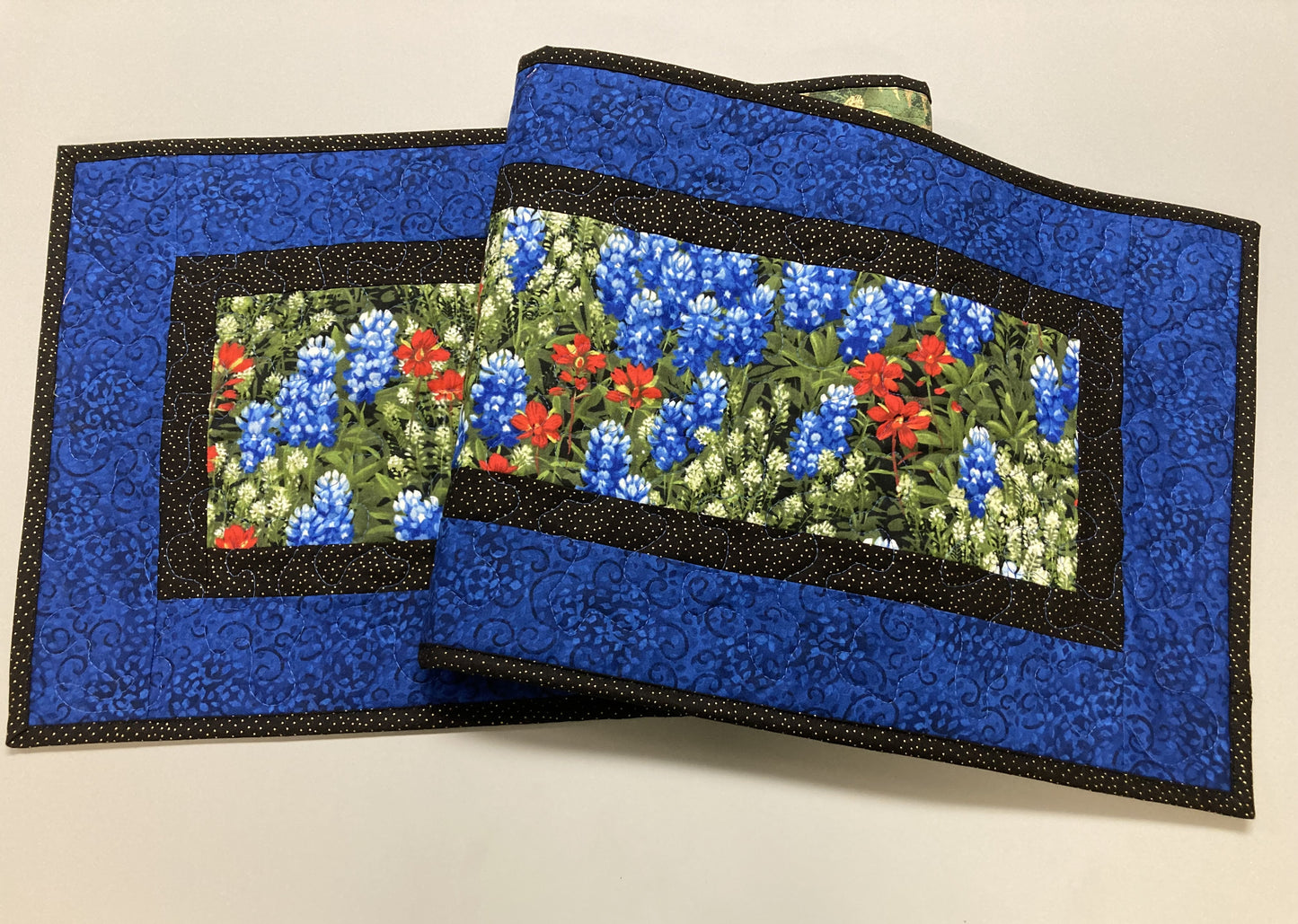 Dining Table Runner, Texas Bluebonnets Red Summer Runner, 13x48" Quilted Reversible, Coffee Table End Table Nightstand, Wildflower Handmade