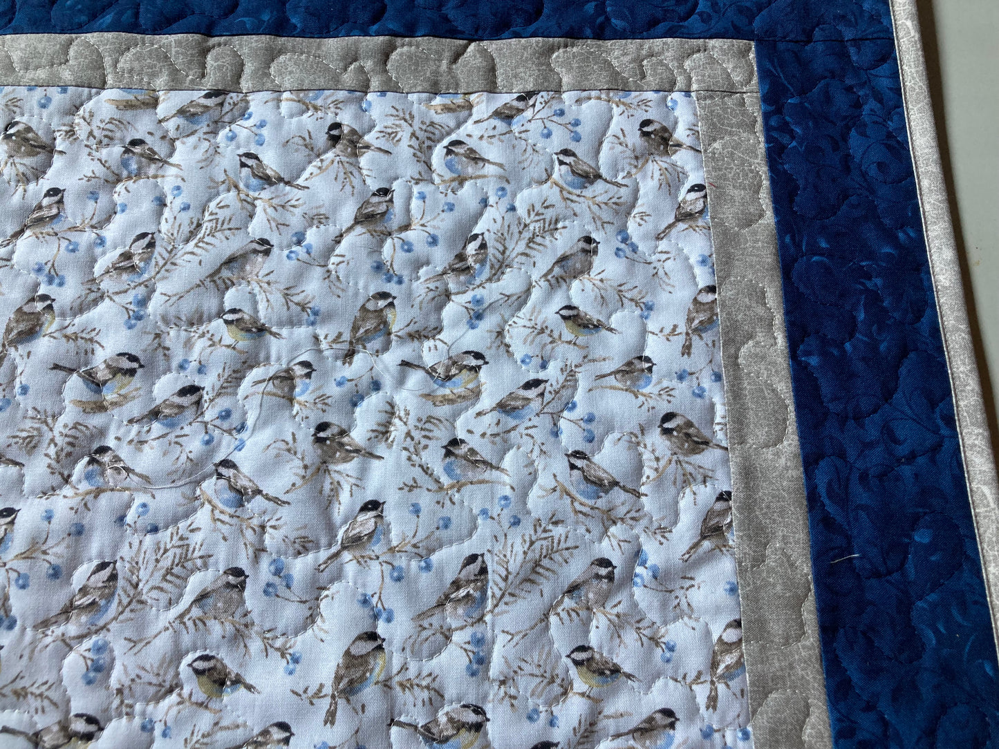 Blue Bird Chickadees Quilted Table Topper, Large Table Square, 20x20" Reversible Winter Tree Nightstand Coffee End Table, Cabincore Mountain