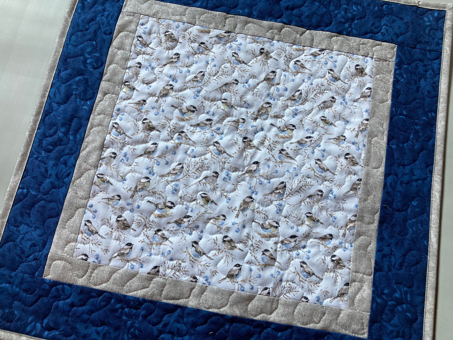 Blue Bird Chickadees Quilted Table Topper, Large Table Square, 20x20" Reversible Winter Tree Nightstand Coffee End Table, Cabincore Mountain