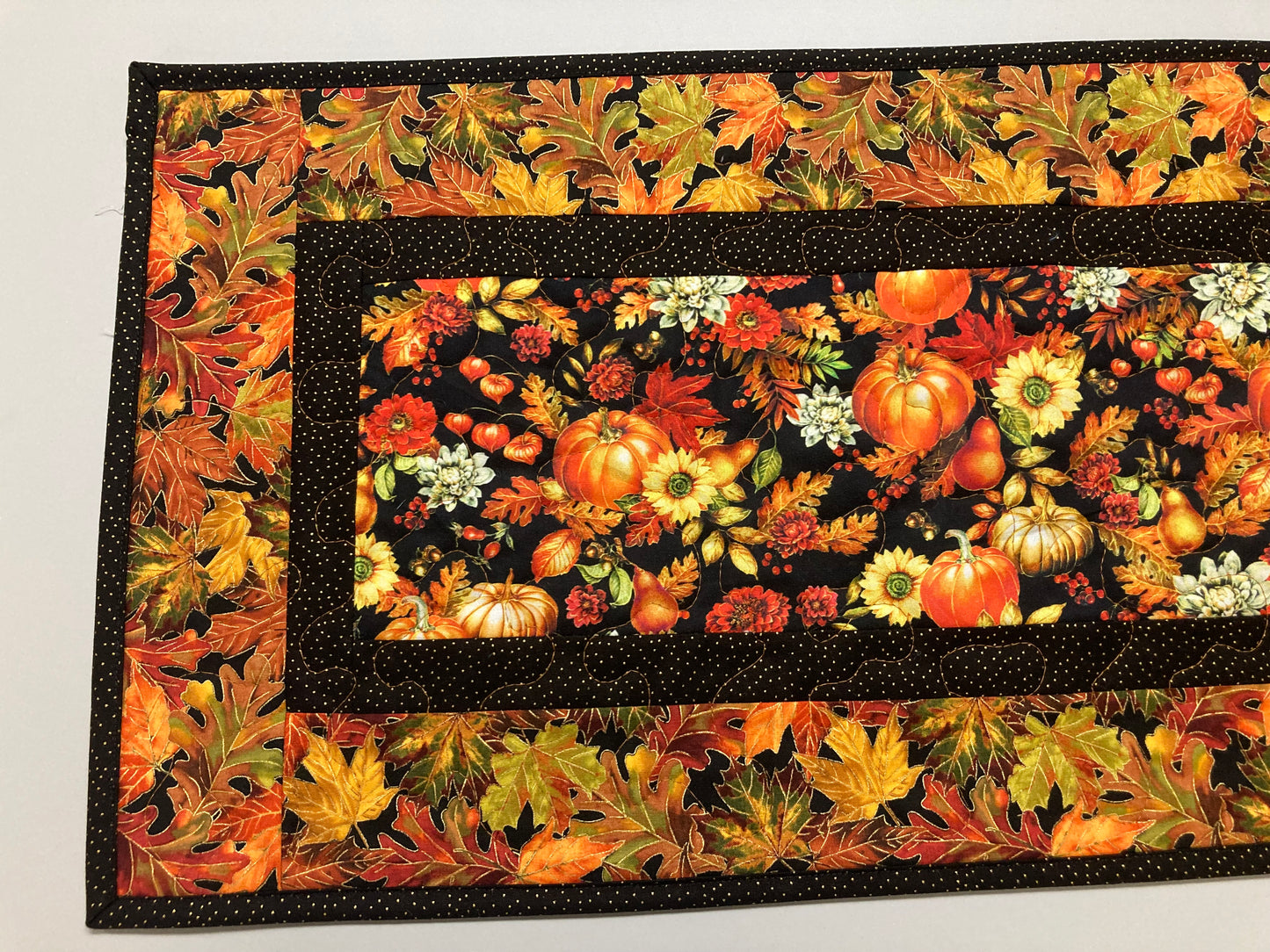 Pumpkins and Flowers Dining Table Runner, Fall Autumn Leaves Quilted Handmade, Reversible Sunflowers Summer Decor, 13x48" Thanksgiving